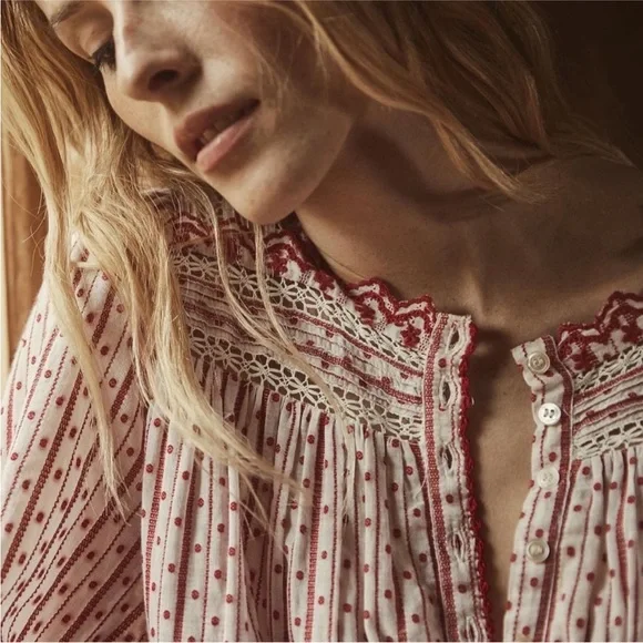 💋SOLD💋 ♥️🌹DÔEN ‘Emmeline’ Organic Cotton Voile Cascading Lace-Trim Nightgown - Picture 5 of 16